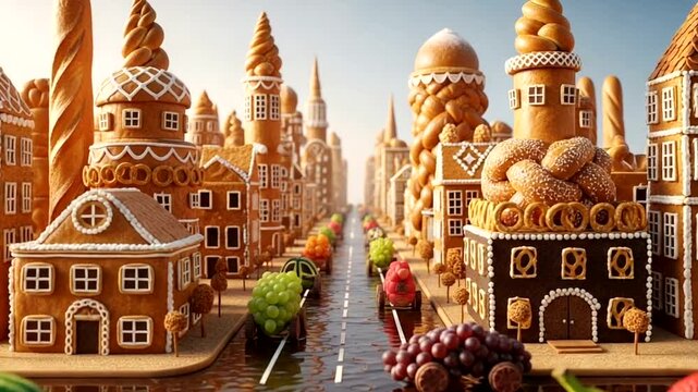 Gingerbread cityscape with candy details and sweets