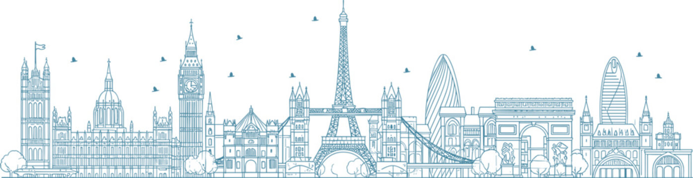 Blue line art European city skyline panorama featuring London Big Ben, Tower Bridge, Paris Eiffel Tower, Arc de Triomphe, and famous architectural landmarks for travel and tourism.