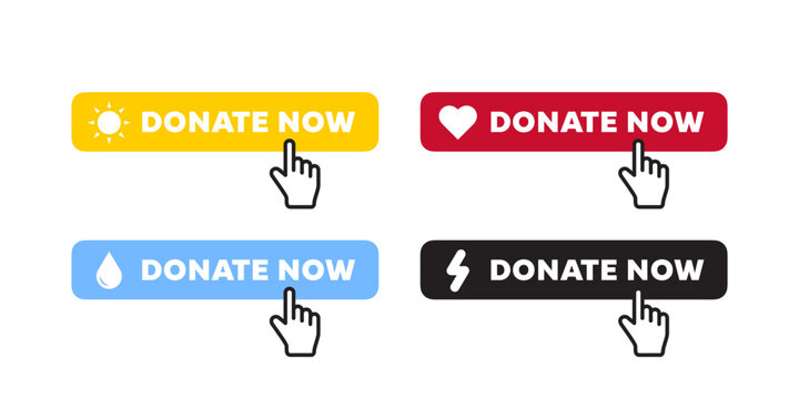 Collection of colorful donate now buttons with icons and cursor pointers