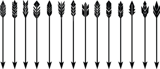 Collection of black arrow silhouettes with various feather fletching designs isolated on white background for archery and hunting vector graphics © Sohagh's World