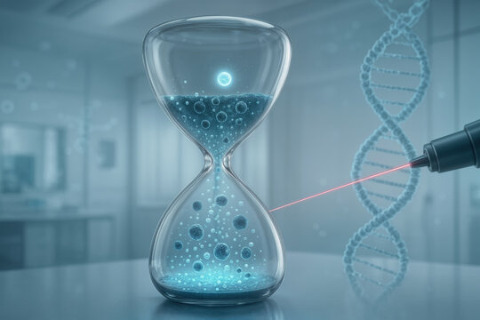 Futuristic laboratory hourglass with upward flowing microscopic cancer cells symbolizing Minimal Residual Disease MRD, accelerated approval timelines, and molecular remission in oncology innovation