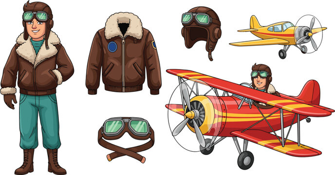 Vintage Aviator Pilot Character with Retro Biplane Aircraft and Flying Gear Flat Vector Illustration Set