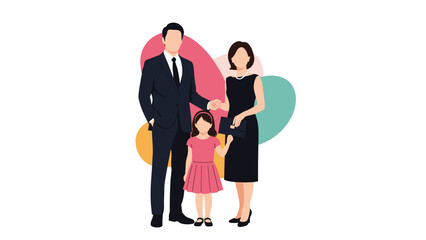 Father, mother, and their young daughter pose formally in elegant black and pink outfits against a colorful abstract background.