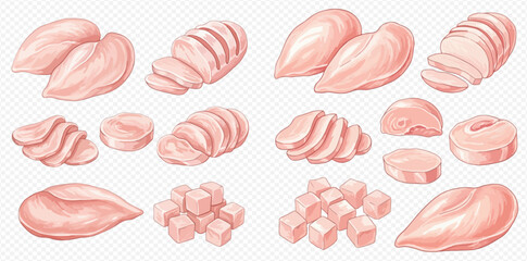 Raw chicken breast pieces, fillets, slices, and cubes for cooking preparation. © Akun