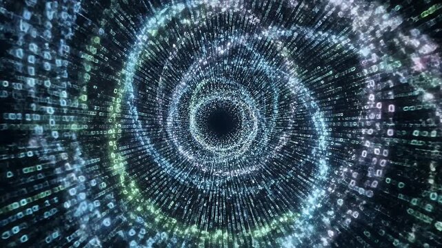 Abstract digital tunnel with glowing binary code streams in blue and green hues