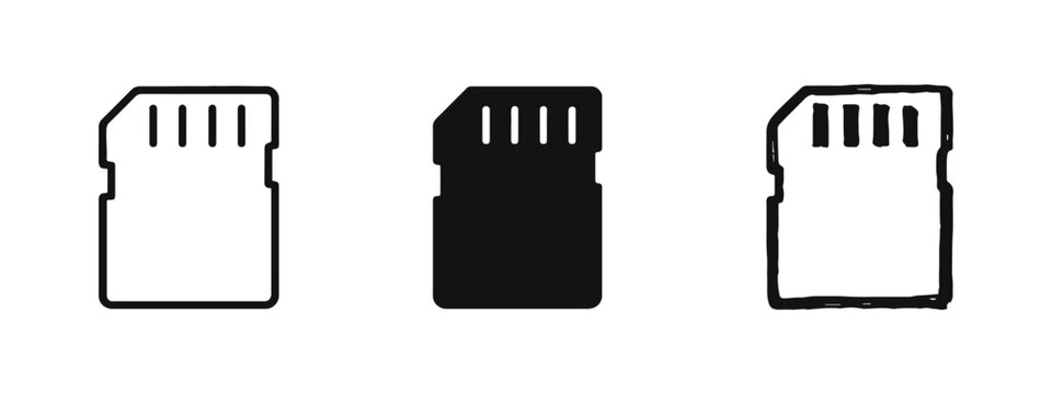 SD card vector icon set. Secure digital memory card, data storage symbol in outline, filled, and doodle styles.