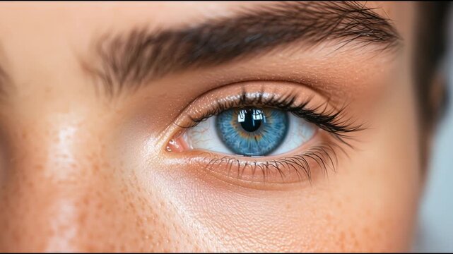 Close up of blue eye showing details of iris and eyelashes in bright light during daytime