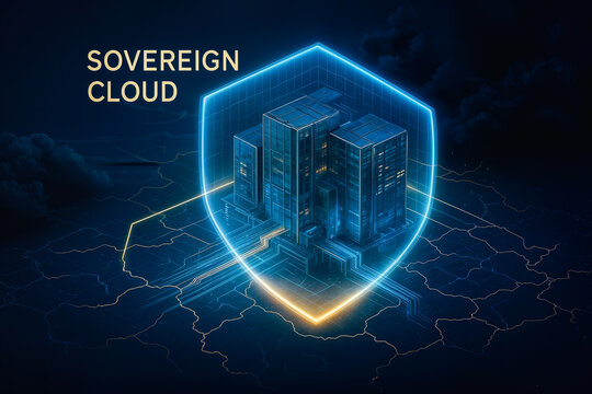 Sovereign cloud data center fortress on digital map with hexagonal national border energy shield symbolizing data sovereignty compliance and secure enterprise IT infrastructure