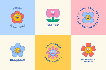 Fototapeta premium Cute flower smile cartoon spring flat vector illustration collection