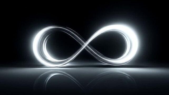Glowing infinity symbol on dark reflective surface conceptual design