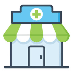 Obraz premium Flat Design Medical Building Vector Icon with Green Awning and Blue Sign