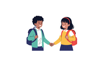 Obraz premium Boy and girl with backpacks shaking hands at school as a sign of respect and the start of a new friendship together.