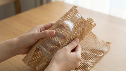 Hands wrapping a glass with protective packaging for safe transport or storage purposes