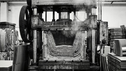Industrial Paper Press in Action with Steam and Large Sheets of Cardboard for Recycling