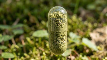 Green Herbal Capsule Surrounded by Nature with Soft Focus Background in Natural Setting
