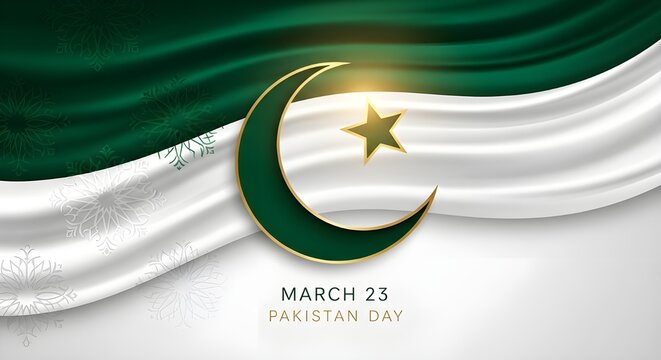 A modern 23rd March Pakistan Day celebration background featuring a sleek green crescent and star symbol against a flowing green and white flag texture.