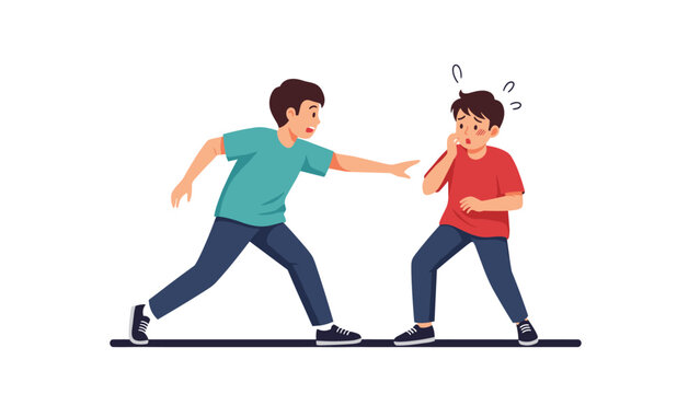 Scene of schoolyard bullying where one boy aggressively points at and yells at a frightened peer who looks distressed and defensive.