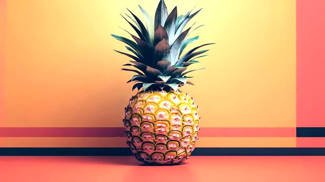 Vibrant pineapple on colorful background with stripes
