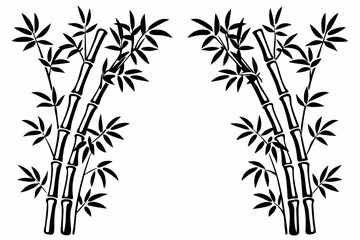 Fototapeta premium A striking monochrome illustration depicting two symmetrical clusters of black bamboo stalks with leaves, elegantly framing an open space on a crisp white background.