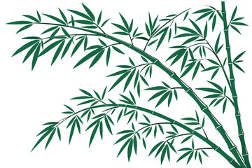 Green bamboo branches with slender leaves extend gracefully across a white background, suggesting natural beauty and tranquility in an elegant illustration.