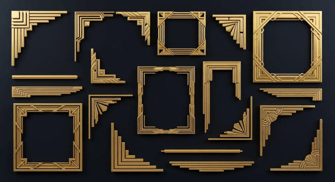 Luxurious gold frame collection on black background.