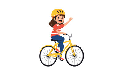 Fototapeta premium Cheerful young girl wearing a safety helmet waves happily while riding her yellow bicycle outdoors on a sunny day.