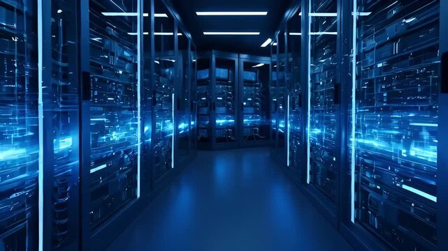 Data center servers with glowing blue light showing network activity for an AI agent audit trail and information flow.