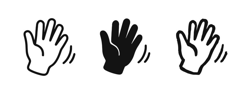 Waving Hand Gesture Icon Set - Hello and Goodbye Communication Symbol Illustrations