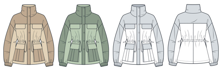 Utility Jacket with high collar Technical Fashion Illustration. Parka Jacket fashion flat technical drawing template, front and back view, white, beige, green, women, men, unisex Outerwear CAD mockup. © Liubov Hladka
