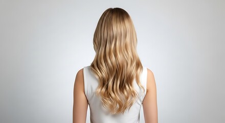 Obraz premium Back view of a woman with long, wavy blonde hair against a neutral gray gradient