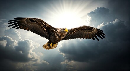 Obraz premium Eagle soaring against bright sunlight and clouds