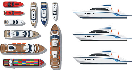 Luxury Yacht and Motorboat Top View Vector Set with Speedboats and Cargo Vessel for Marine Travel, Nautical Transport, and Summer Recreation Design. © MstSuborna