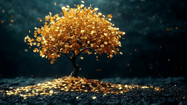 Golden tree surrounded by shimmering coins in dark setting