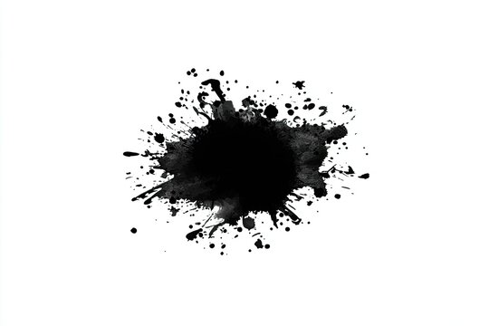 Abstract black ink blotch with splatters on white background