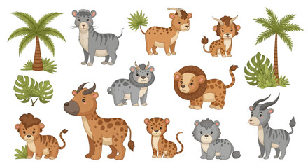 Fototapeta premium Collection of cartoon wild animals and tropical plants.