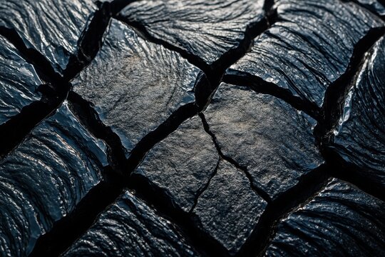 Close macro of cracked clay plates with glossy water reflections