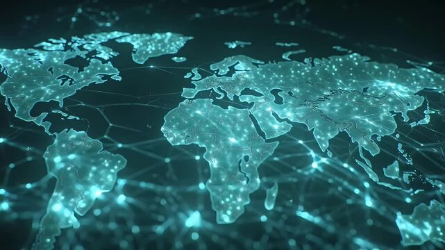 Digital world map with glowing network connections, global communication technology background, futuristic teal data points on dark earth map