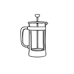 Obraz premium Black line art illustration of a glass French press coffee maker on a white background for modern coffee shop branding and beverage industry