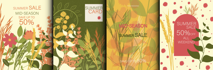 Summer  Sale background, banner, flyer. Posters card frame typography design with flowers and plants. Set Template for advertising, web, social media, web © RomanWhale studio