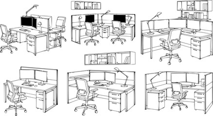 Naklejka premium Comprehensive collection of modern office workstations showcasing various computer desk setups with ergonomic chairs, task lamps, and efficient storage solutions
