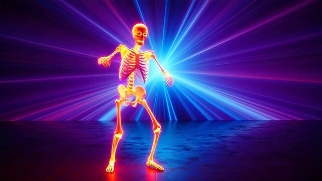 Dancing skeleton in vibrant light