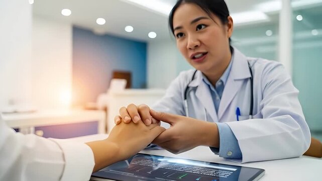 Asian woman doctor discusses diagnosis with patient using ai medical scribe on tablet for digital healthcare data.