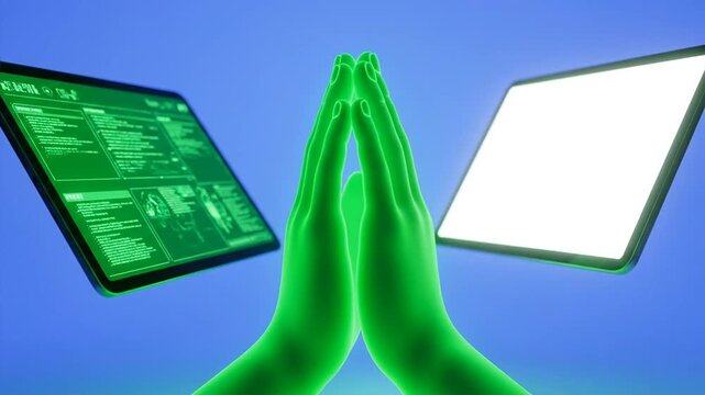 Hands praying between digital tablets against a pink background