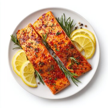 Two baked salmon fillets, lemon slices, rosemary, and peppercorns on a white plate, top-down view