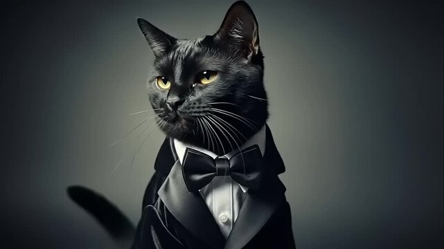 Elegant Black Cat in Formal Attire Sitting.