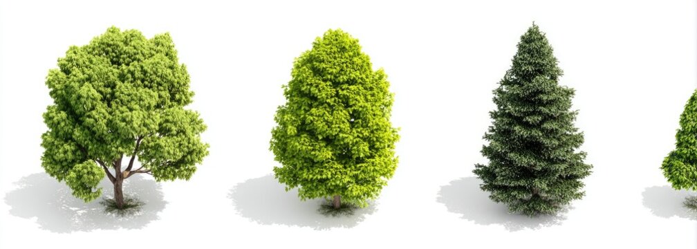 Isolated renderings of four stylized trees casting shadows on a stark white background