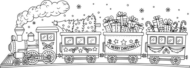 Fototapeta premium Hand drawn black and white Christmas holiday train with festive decorations and smoking locomotive