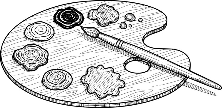 Detailed sketch of a painters wooden palette featuring various blobs of paint and a brush, ideal for educational content, hobby projects, or creative workshop