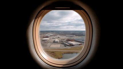 Fototapeta premium Aerial view through an airplane porthole of an industrial complex with buildings and roads under a cloudy sky