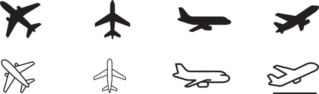 Plane icon set with airplane, flight and travel symbols in modern outline style design.
